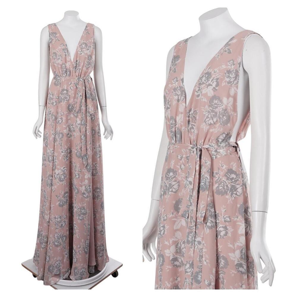 NWT Lovers + Friends Leah Wrap Dress 2 Pink Gray Floral Sleeveless Maxi Gown